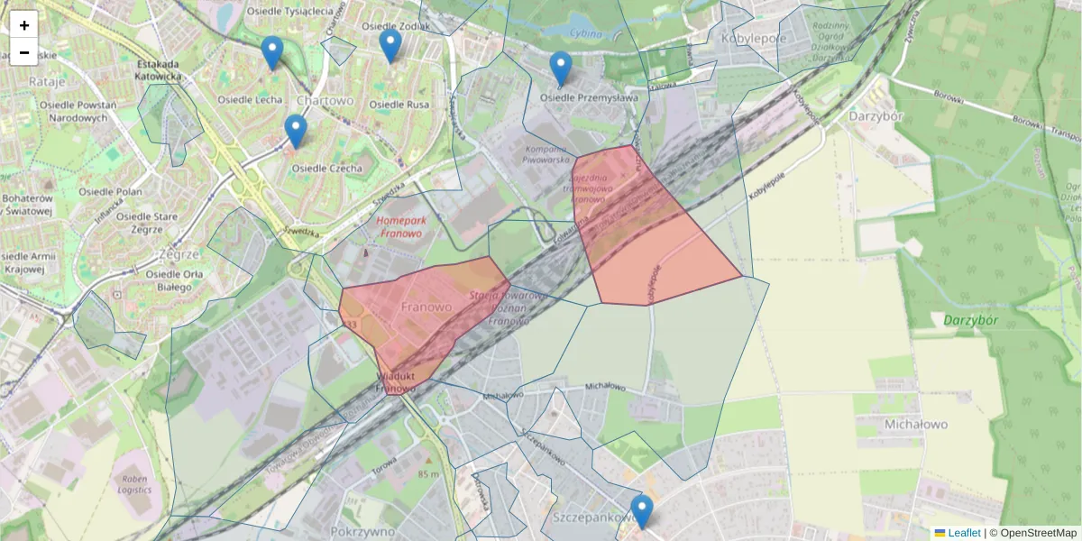 Szczegółowa mapa kodu pocztowego 61-302 z granicami, sąsiednimi kodami pocztowymi i urzędami pocztowymi