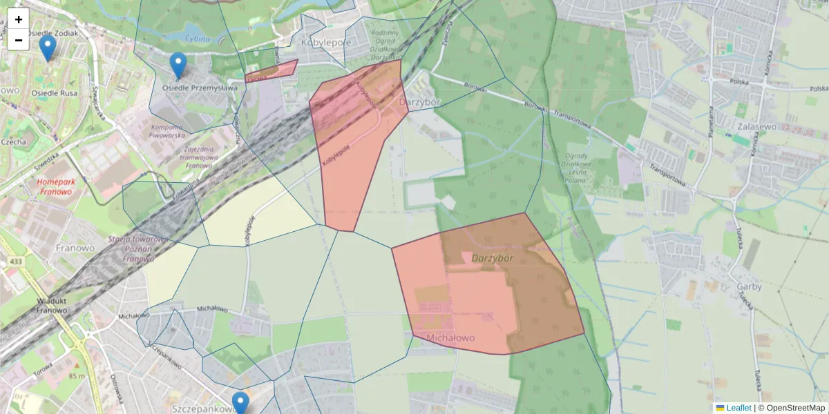 Szczegółowa mapa kodu pocztowego 61-304 z granicami, sąsiednimi kodami pocztowymi i urzędami pocztowymi