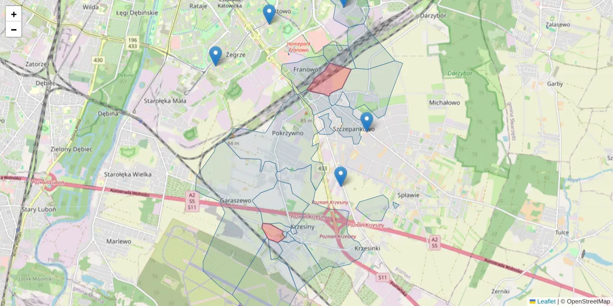 Szczegółowa mapa kodu pocztowego 61-308 z granicami, sąsiednimi kodami pocztowymi i urzędami pocztowymi