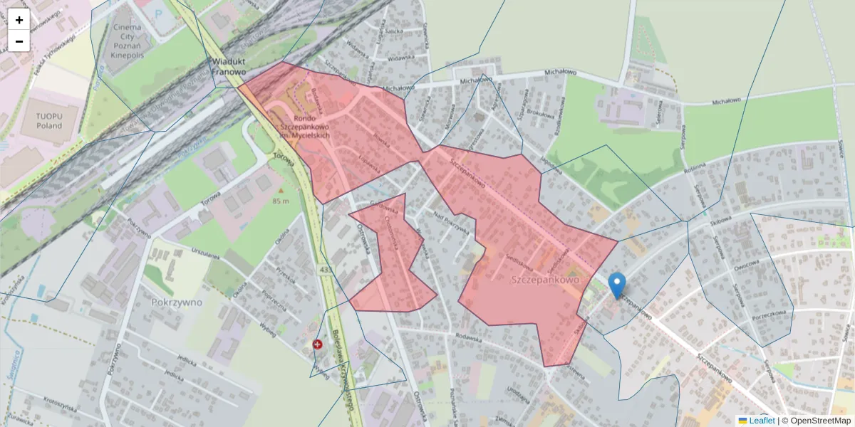 Szczegółowa mapa kodu pocztowego 61-311 z granicami, sąsiednimi kodami pocztowymi i urzędami pocztowymi