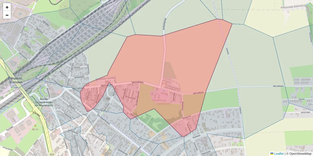 Szczegółowa mapa kodu pocztowego 61-314 z granicami, sąsiednimi kodami pocztowymi i urzędami pocztowymi