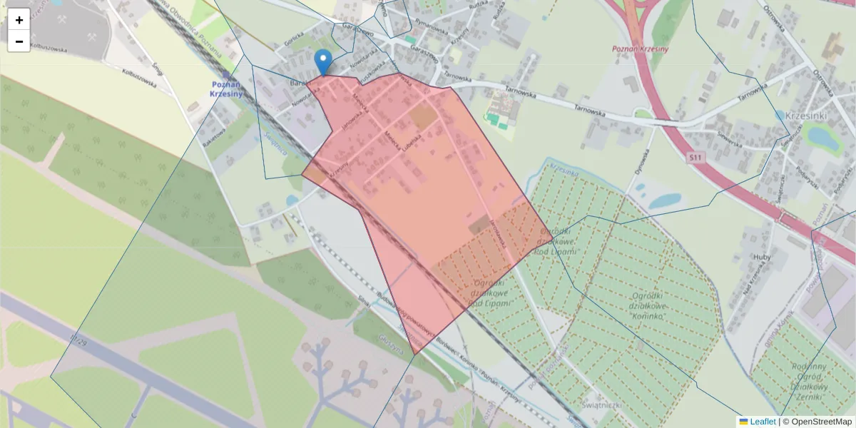 Szczegółowa mapa kodu pocztowego 61-321 z granicami, sąsiednimi kodami pocztowymi i urzędami pocztowymi
