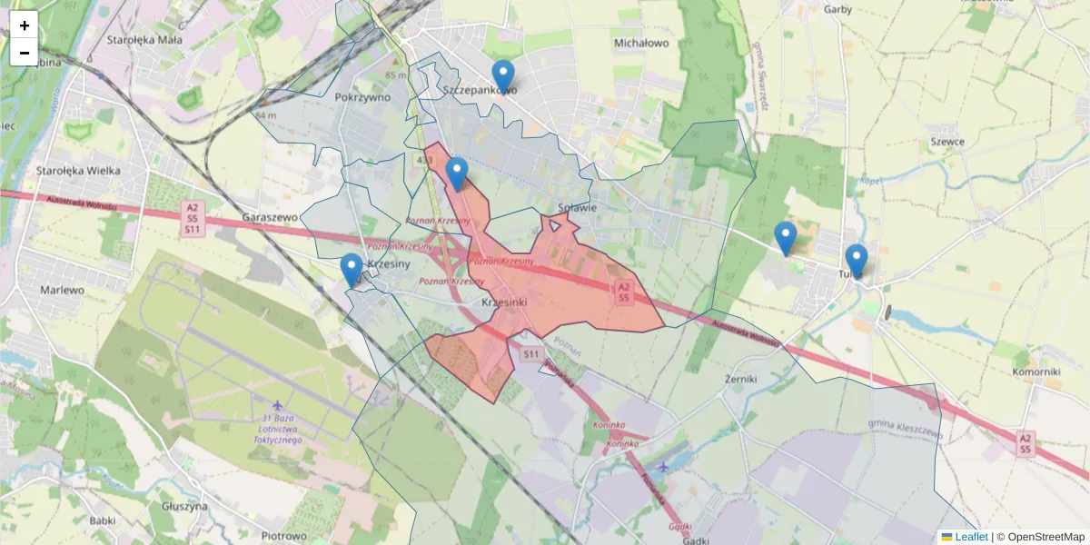 Szczegółowa mapa kodu pocztowego 61-324 z granicami, sąsiednimi kodami pocztowymi i urzędami pocztowymi