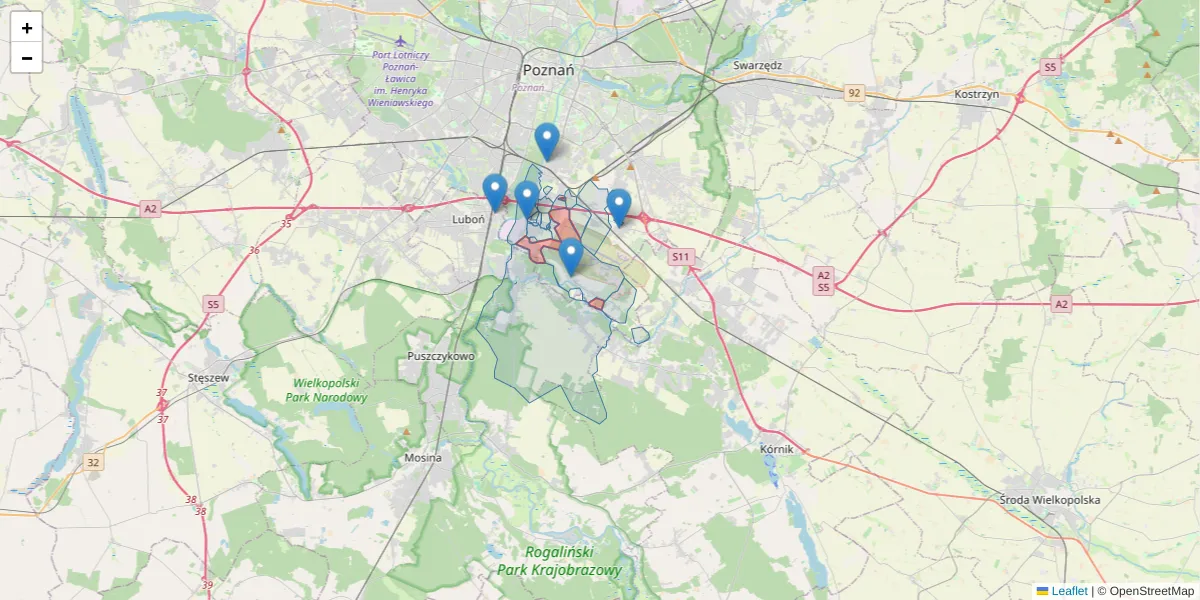 Szczegółowa mapa kodu pocztowego 61-332 z granicami, sąsiednimi kodami pocztowymi i urzędami pocztowymi