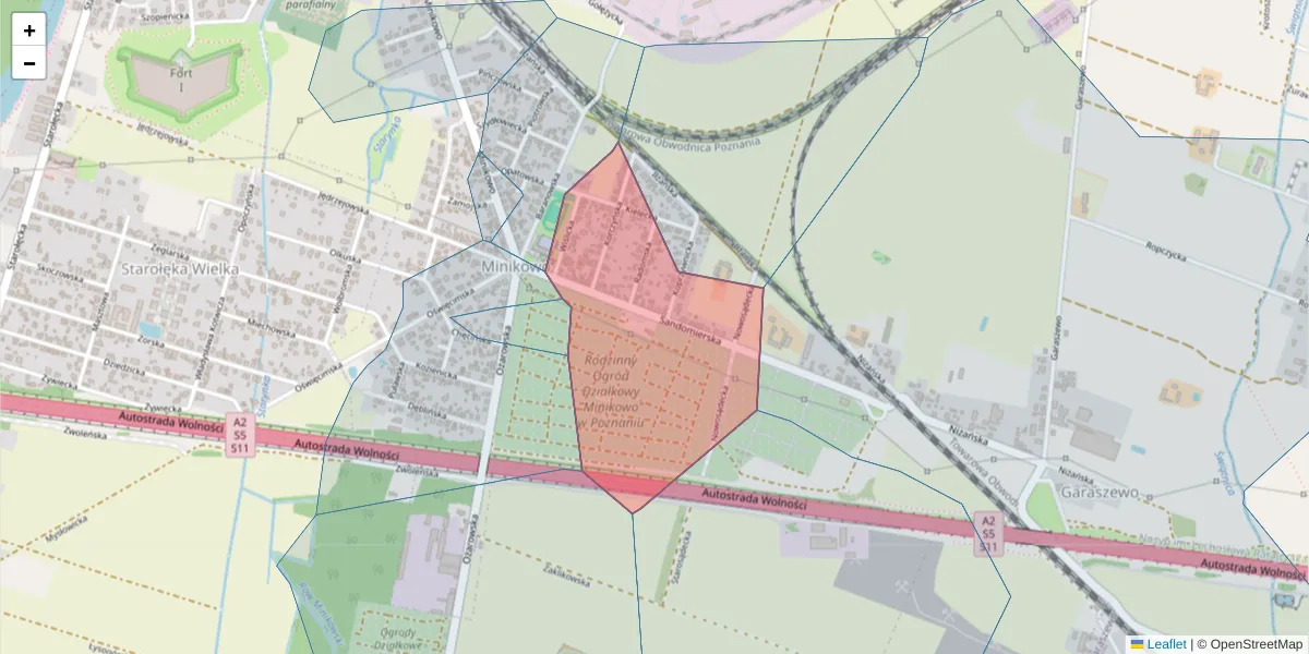 Szczegółowa mapa kodu pocztowego 61-351 z granicami, sąsiednimi kodami pocztowymi i urzędami pocztowymi