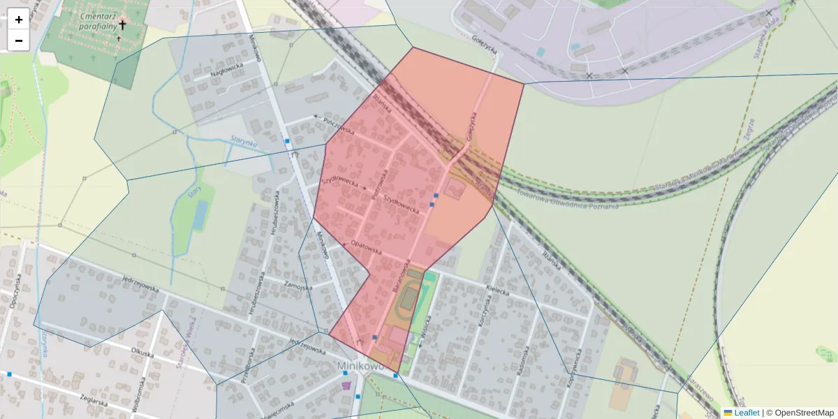 Szczegółowa mapa kodu pocztowego 61-353 z granicami, sąsiednimi kodami pocztowymi i urzędami pocztowymi