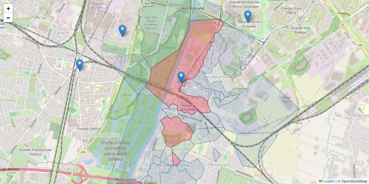 Szczegółowa mapa kodu pocztowego 61-361 z granicami, sąsiednimi kodami pocztowymi i urzędami pocztowymi