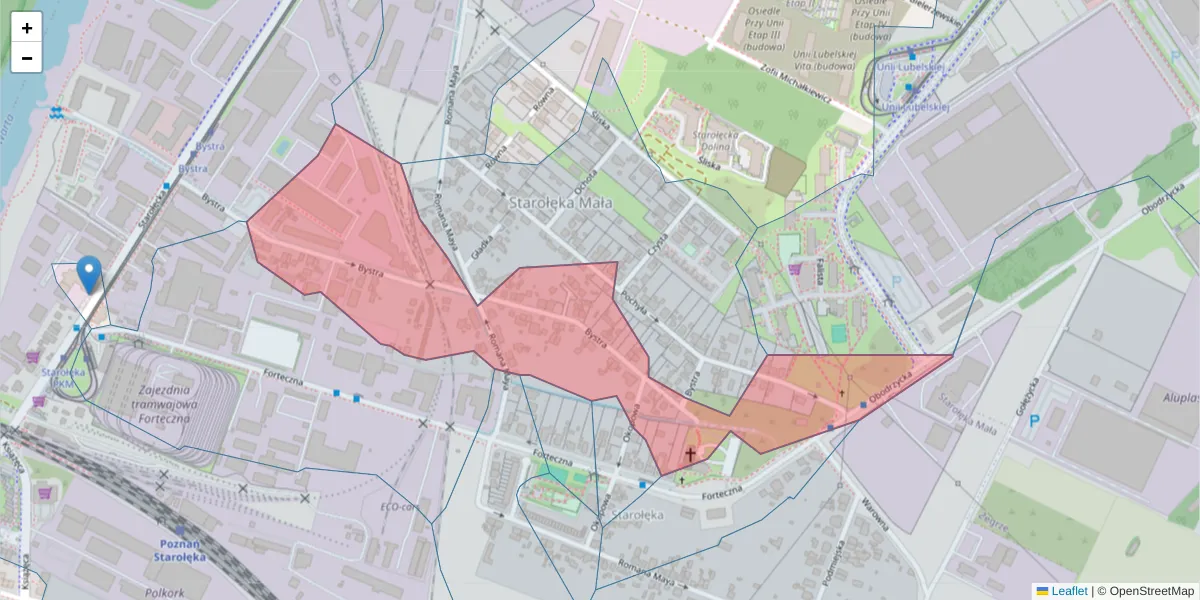 Szczegółowa mapa kodu pocztowego 61-366 z granicami, sąsiednimi kodami pocztowymi i urzędami pocztowymi