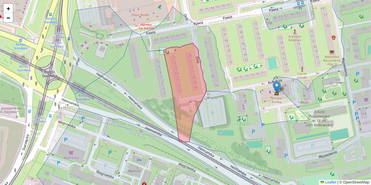 Szczegółowa mapa kodu pocztowego 61-374 z granicami, sąsiednimi kodami pocztowymi i urzędami pocztowymi