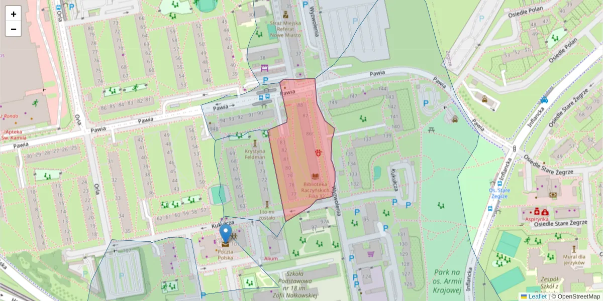 Szczegółowa mapa kodu pocztowego 61-379 z granicami, sąsiednimi kodami pocztowymi i urzędami pocztowymi