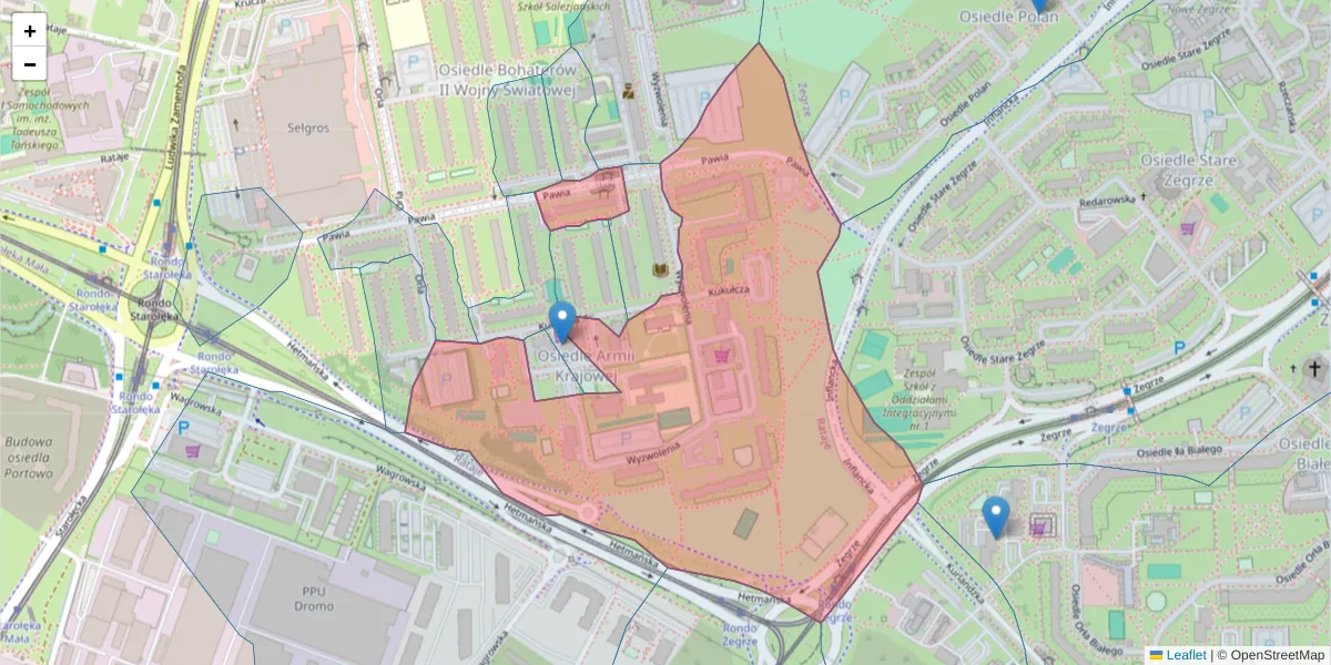 Szczegółowa mapa kodu pocztowego 61-381 z granicami, sąsiednimi kodami pocztowymi i urzędami pocztowymi