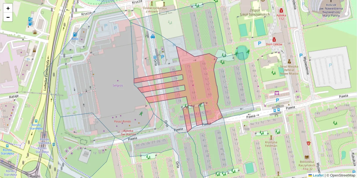 Szczegółowa mapa kodu pocztowego 61-383 z granicami, sąsiednimi kodami pocztowymi i urzędami pocztowymi