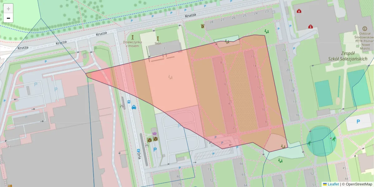 Szczegółowa mapa kodu pocztowego 61-388 z granicami, sąsiednimi kodami pocztowymi i urzędami pocztowymi