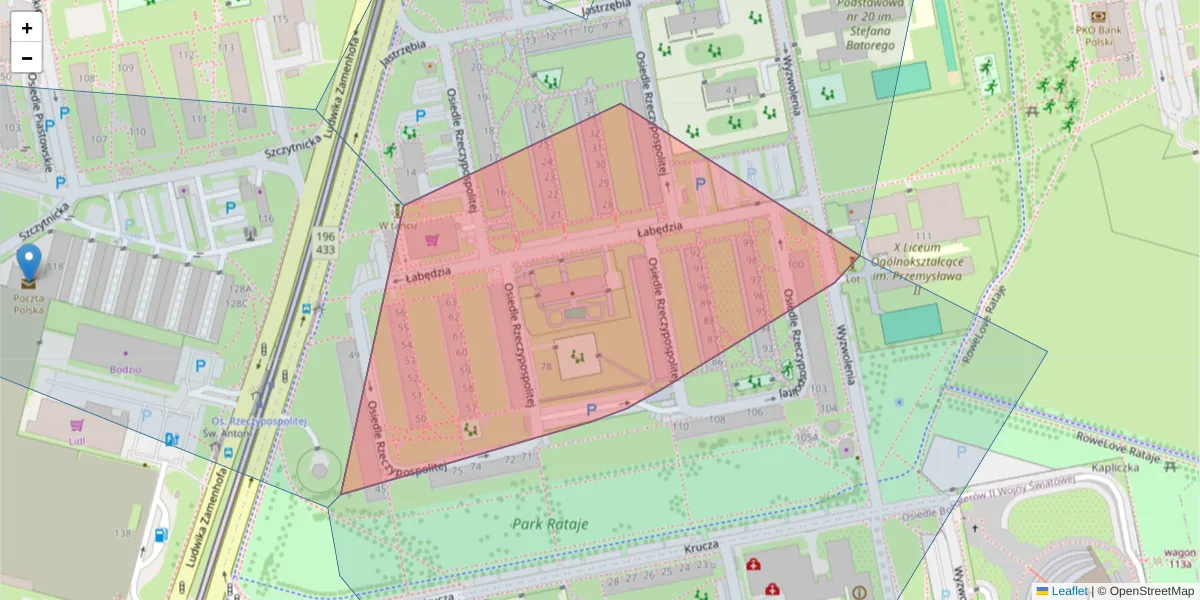Szczegółowa mapa kodu pocztowego 61-393 z granicami, sąsiednimi kodami pocztowymi i urzędami pocztowymi