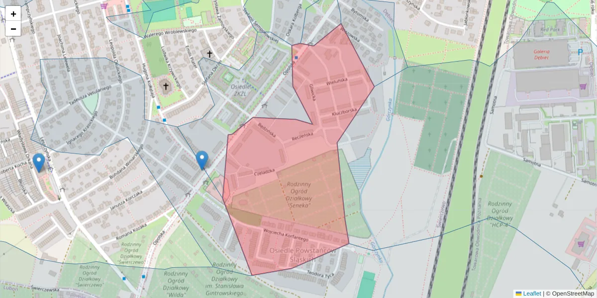 Szczegółowa mapa kodu pocztowego 61-404 z granicami, sąsiednimi kodami pocztowymi i urzędami pocztowymi