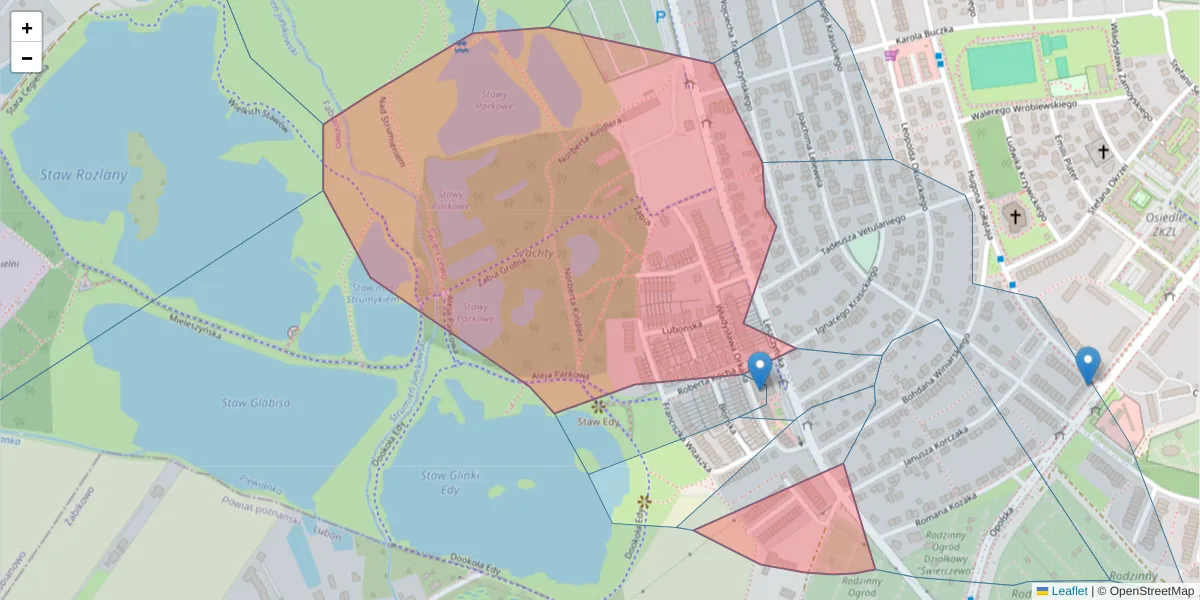 Szczegółowa mapa kodu pocztowego 61-407 z granicami, sąsiednimi kodami pocztowymi i urzędami pocztowymi