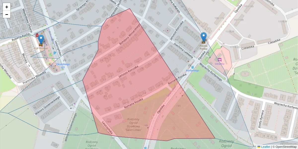 Szczegółowa mapa kodu pocztowego 61-408 z granicami, sąsiednimi kodami pocztowymi i urzędami pocztowymi