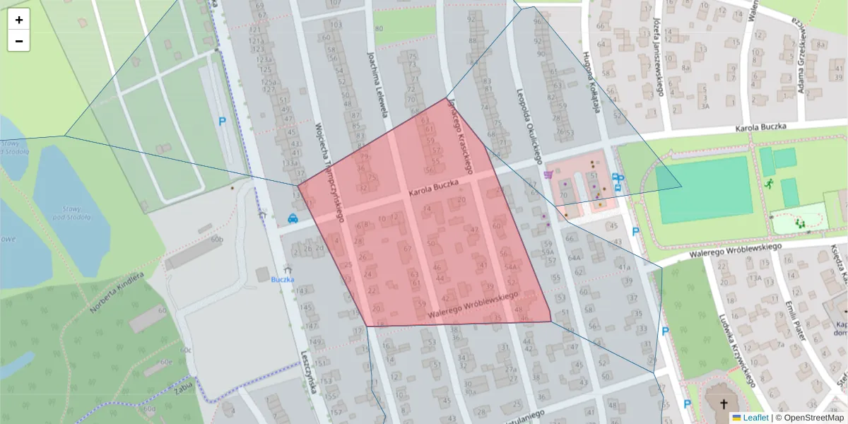 Szczegółowa mapa kodu pocztowego 61-412 z granicami, sąsiednimi kodami pocztowymi i urzędami pocztowymi