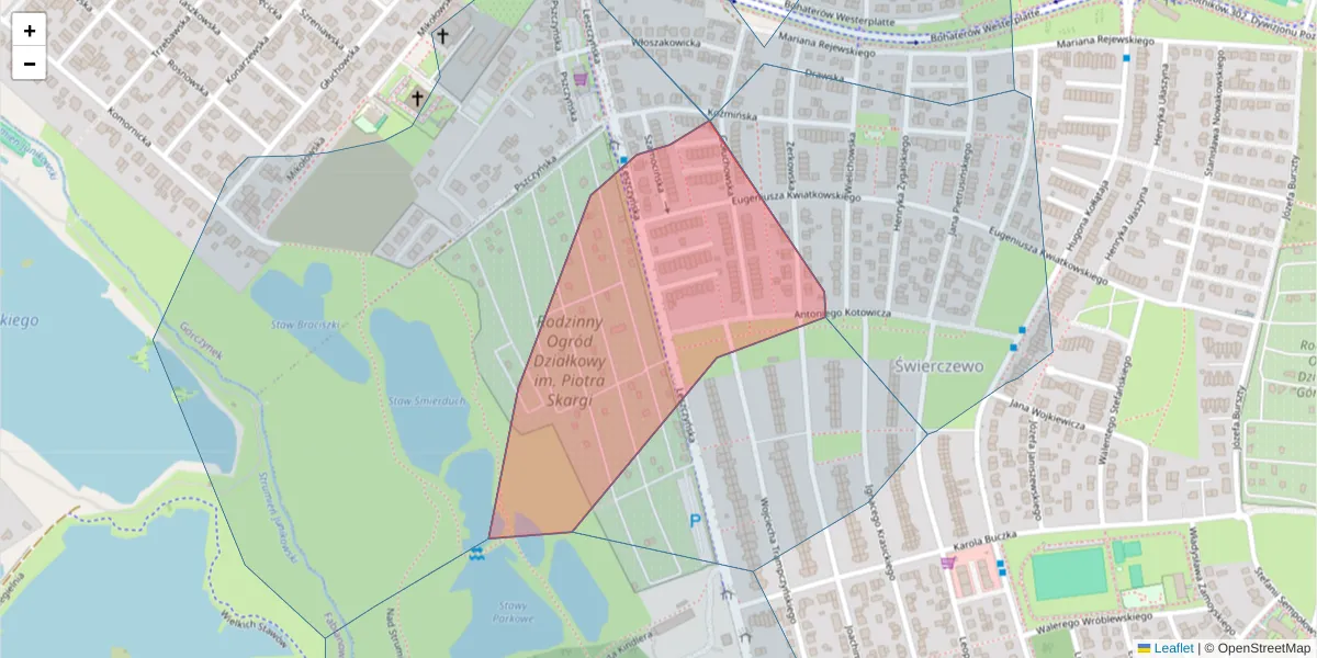 Szczegółowa mapa kodu pocztowego 61-417 z granicami, sąsiednimi kodami pocztowymi i urzędami pocztowymi
