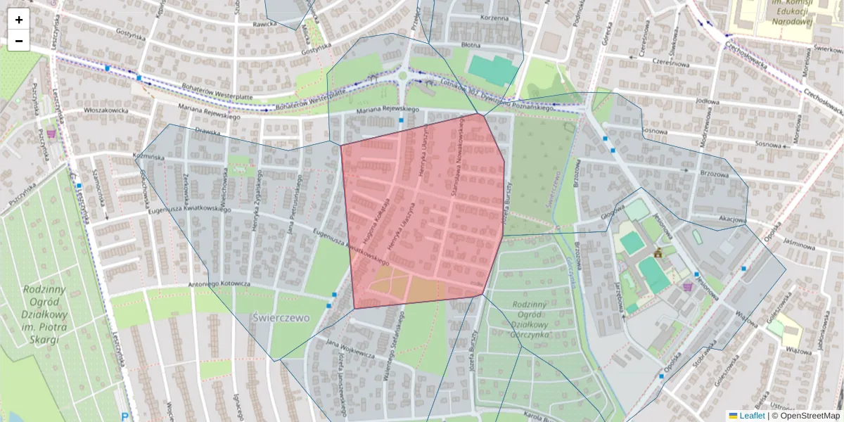 Szczegółowa mapa kodu pocztowego 61-421 z granicami, sąsiednimi kodami pocztowymi i urzędami pocztowymi
