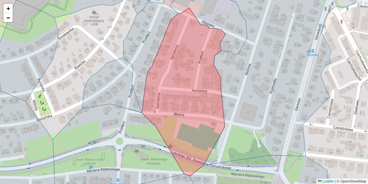 Szczegółowa mapa kodu pocztowego 61-423 z granicami, sąsiednimi kodami pocztowymi i urzędami pocztowymi