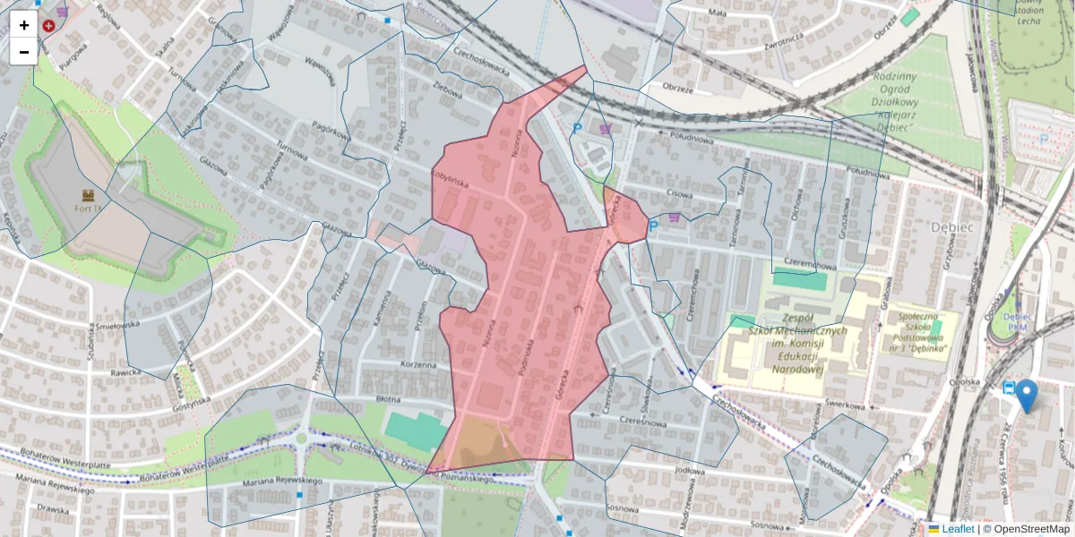 Szczegółowa mapa kodu pocztowego 61-424 z granicami, sąsiednimi kodami pocztowymi i urzędami pocztowymi