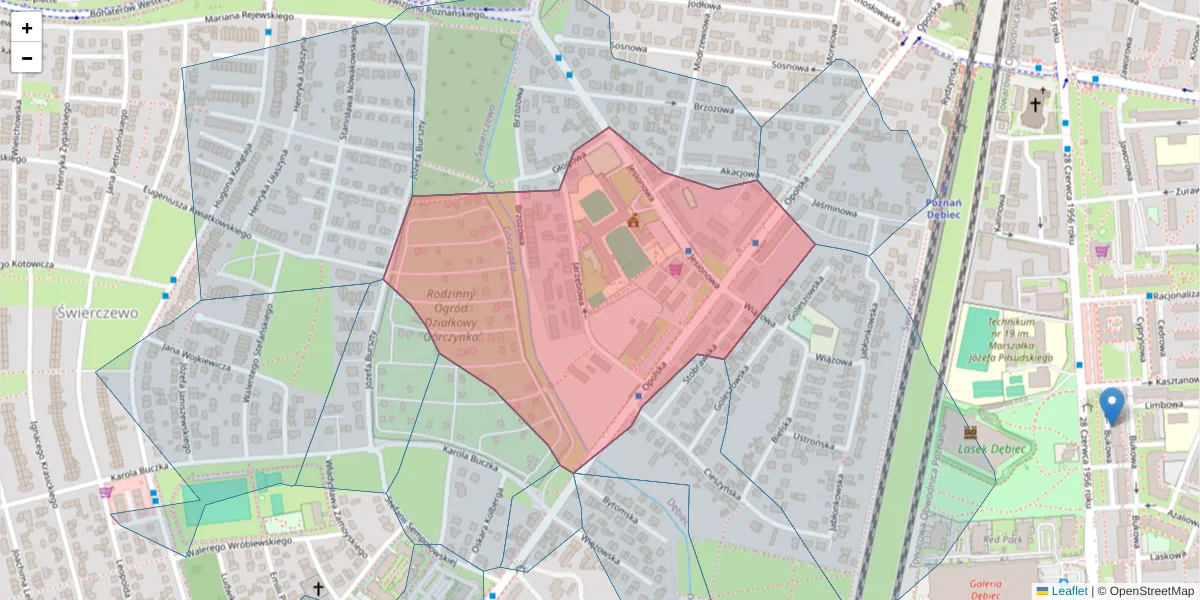 Szczegółowa mapa kodu pocztowego 61-432 z granicami, sąsiednimi kodami pocztowymi i urzędami pocztowymi