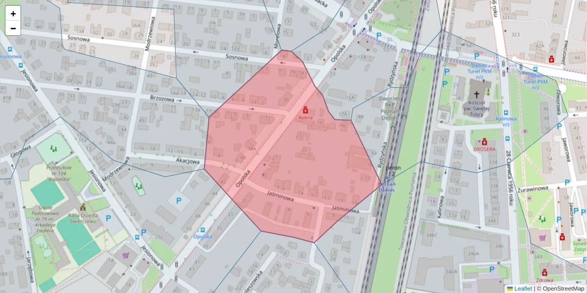 Szczegółowa mapa kodu pocztowego 61-433 z granicami, sąsiednimi kodami pocztowymi i urzędami pocztowymi