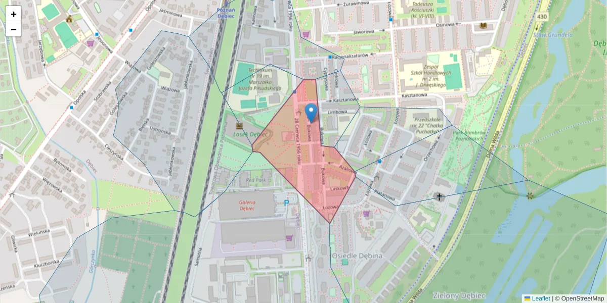 Szczegółowa mapa kodu pocztowego 61-445 z granicami, sąsiednimi kodami pocztowymi i urzędami pocztowymi