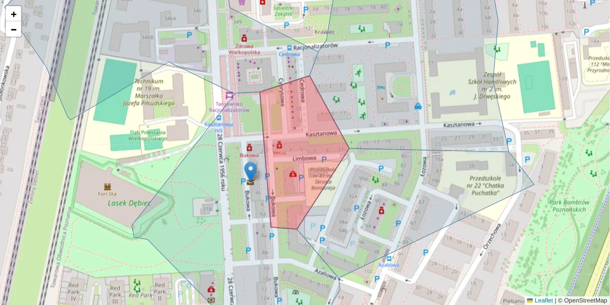 Szczegółowa mapa kodu pocztowego 61-446 z granicami, sąsiednimi kodami pocztowymi i urzędami pocztowymi