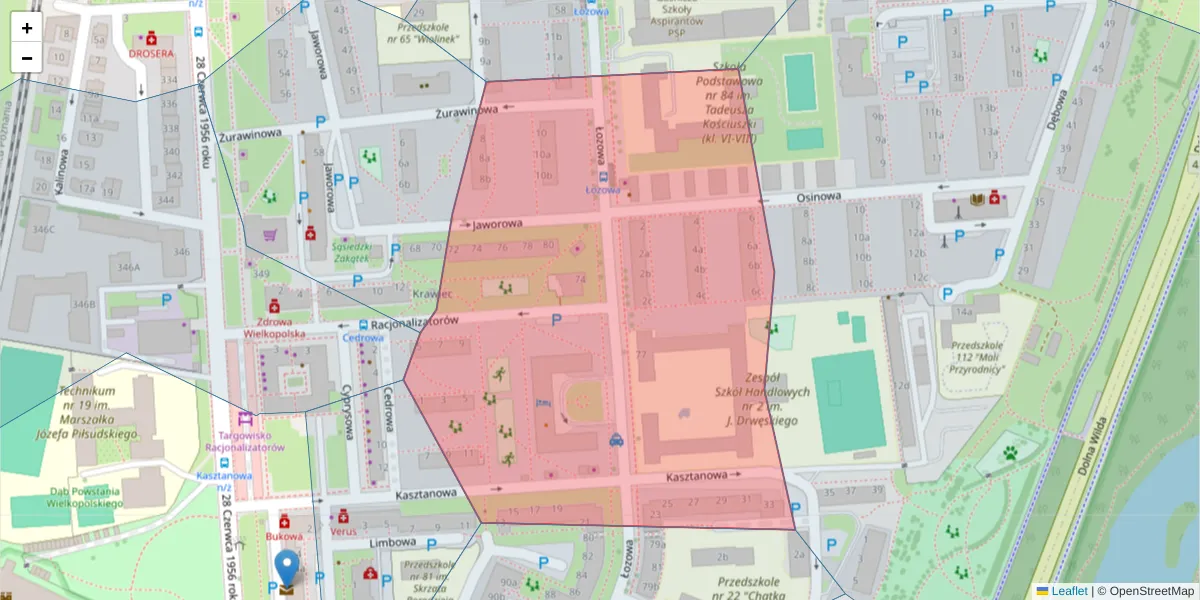 Szczegółowa mapa kodu pocztowego 61-448 z granicami, sąsiednimi kodami pocztowymi i urzędami pocztowymi