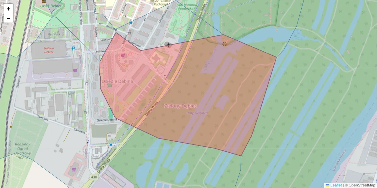 Szczegółowa mapa kodu pocztowego 61-450 z granicami, sąsiednimi kodami pocztowymi i urzędami pocztowymi