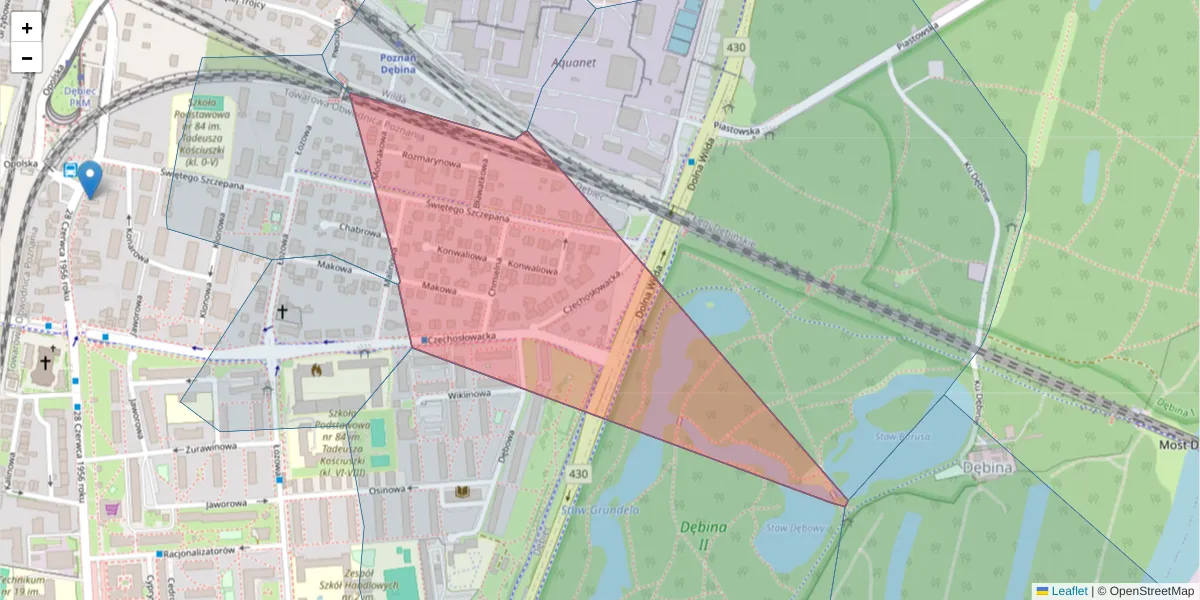 Szczegółowa mapa kodu pocztowego 61-464 z granicami, sąsiednimi kodami pocztowymi i urzędami pocztowymi