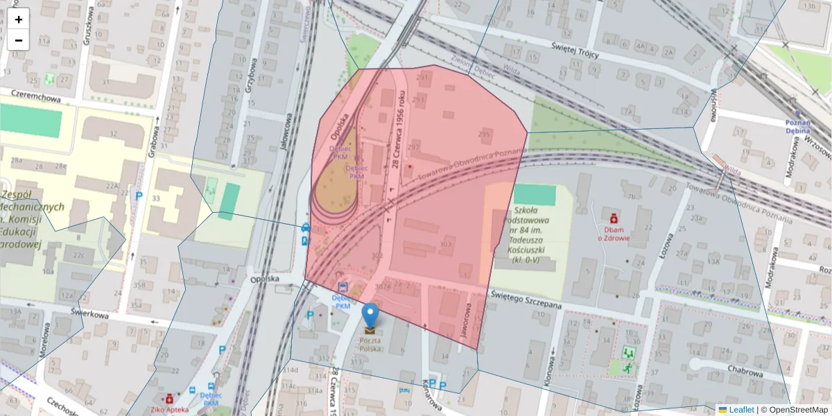 Szczegółowa mapa kodu pocztowego 61-469 z granicami, sąsiednimi kodami pocztowymi i urzędami pocztowymi