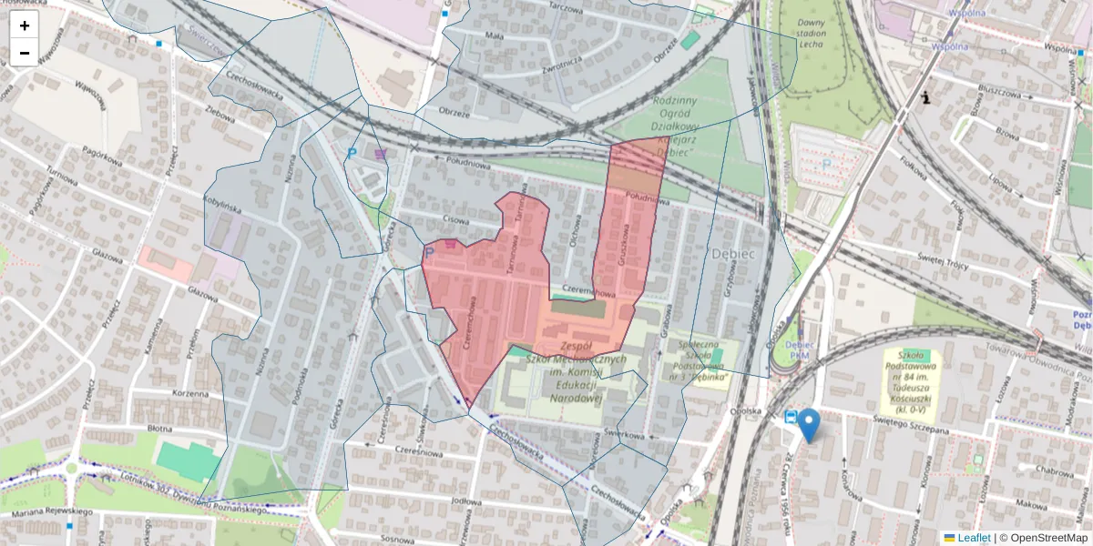 Szczegółowa mapa kodu pocztowego 61-474 z granicami, sąsiednimi kodami pocztowymi i urzędami pocztowymi