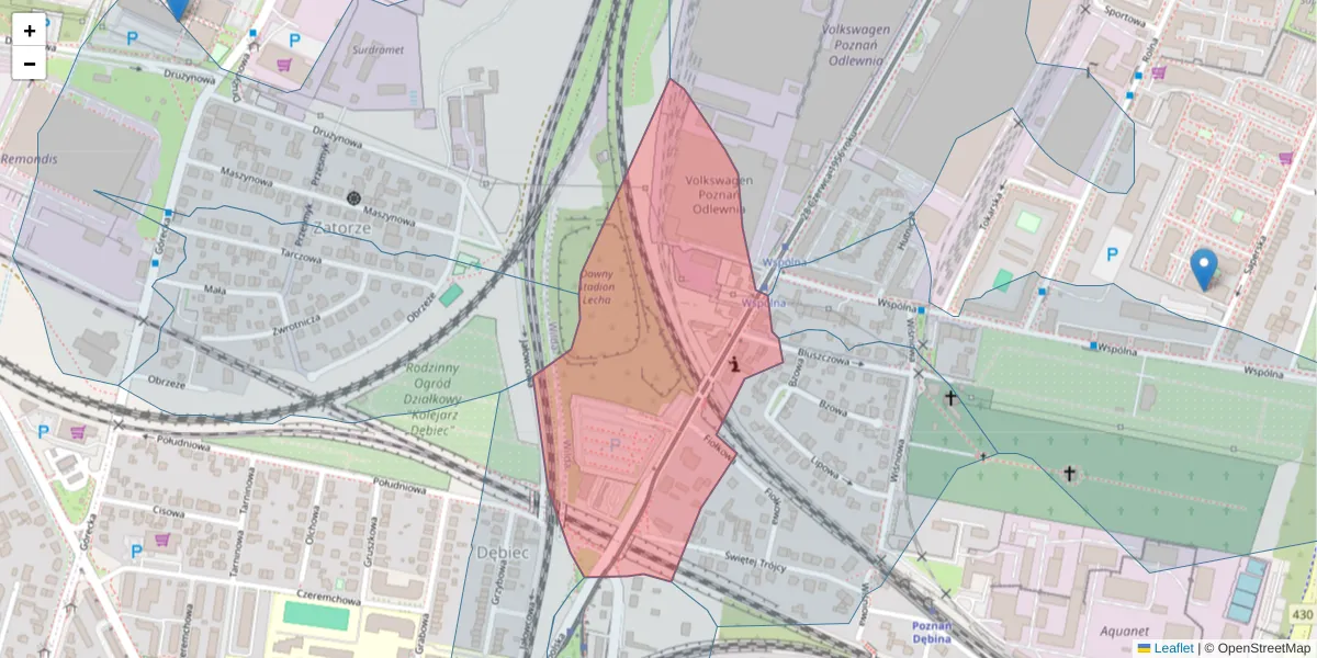 Szczegółowa mapa kodu pocztowego 61-481 z granicami, sąsiednimi kodami pocztowymi i urzędami pocztowymi