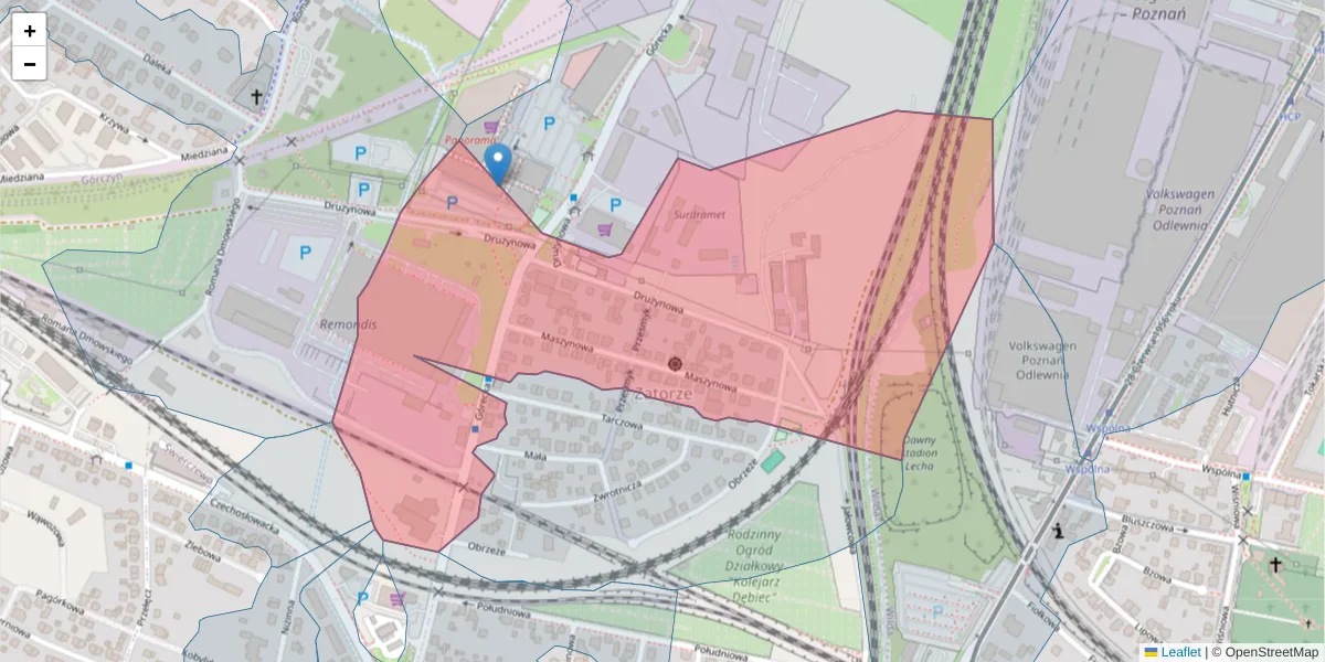 Szczegółowa mapa kodu pocztowego 61-483 z granicami, sąsiednimi kodami pocztowymi i urzędami pocztowymi