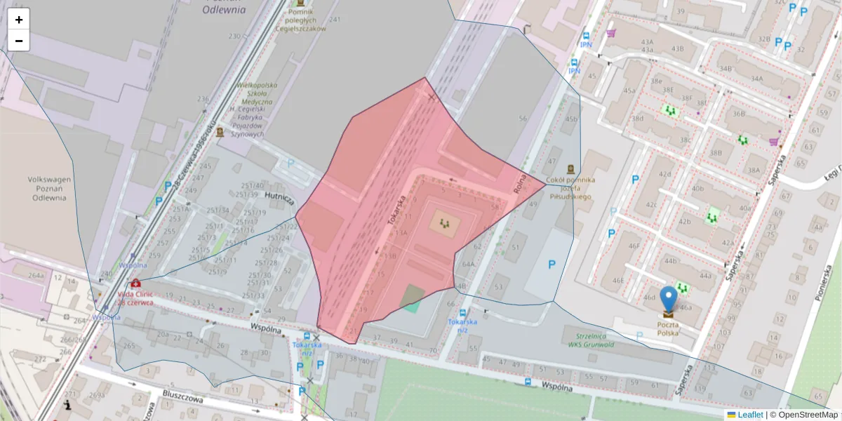 Szczegółowa mapa kodu pocztowego 61-486 z granicami, sąsiednimi kodami pocztowymi i urzędami pocztowymi