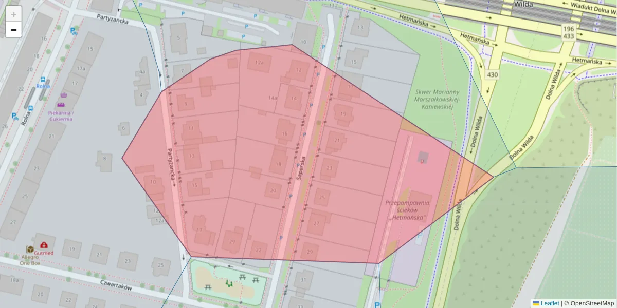 Szczegółowa mapa kodu pocztowego 61-494 z granicami, sąsiednimi kodami pocztowymi i urzędami pocztowymi