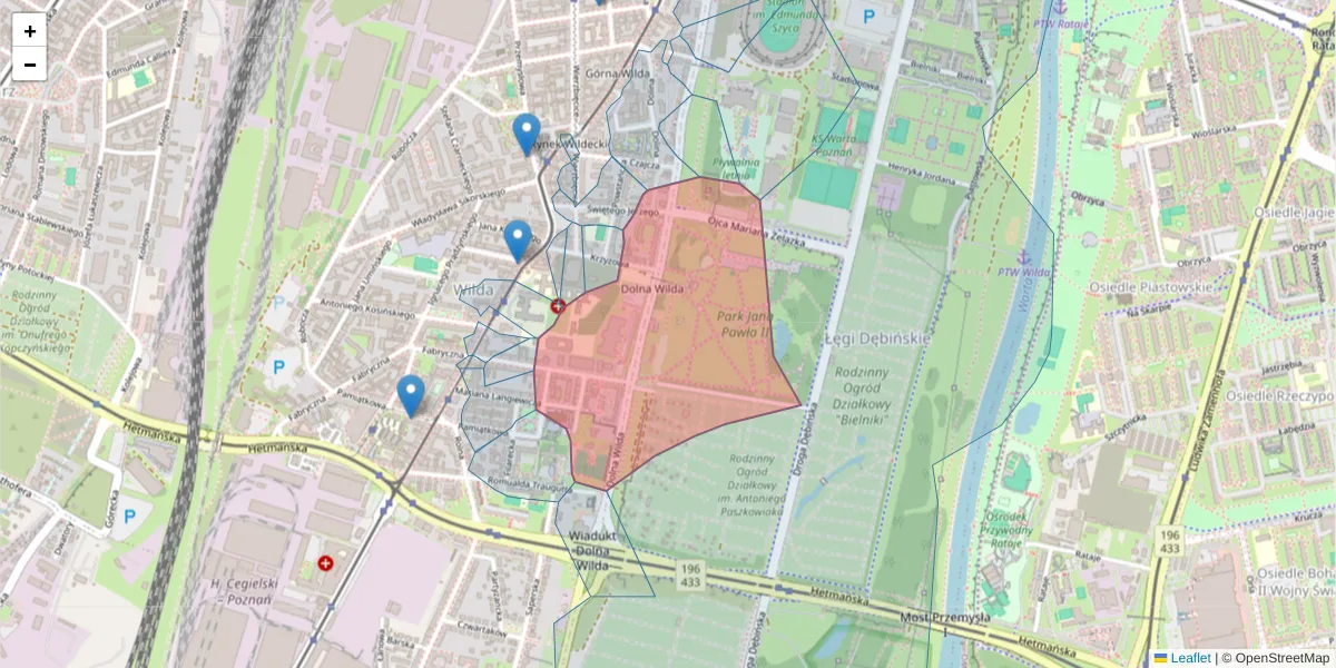 Szczegółowa mapa kodu pocztowego 61-501 z granicami, sąsiednimi kodami pocztowymi i urzędami pocztowymi
