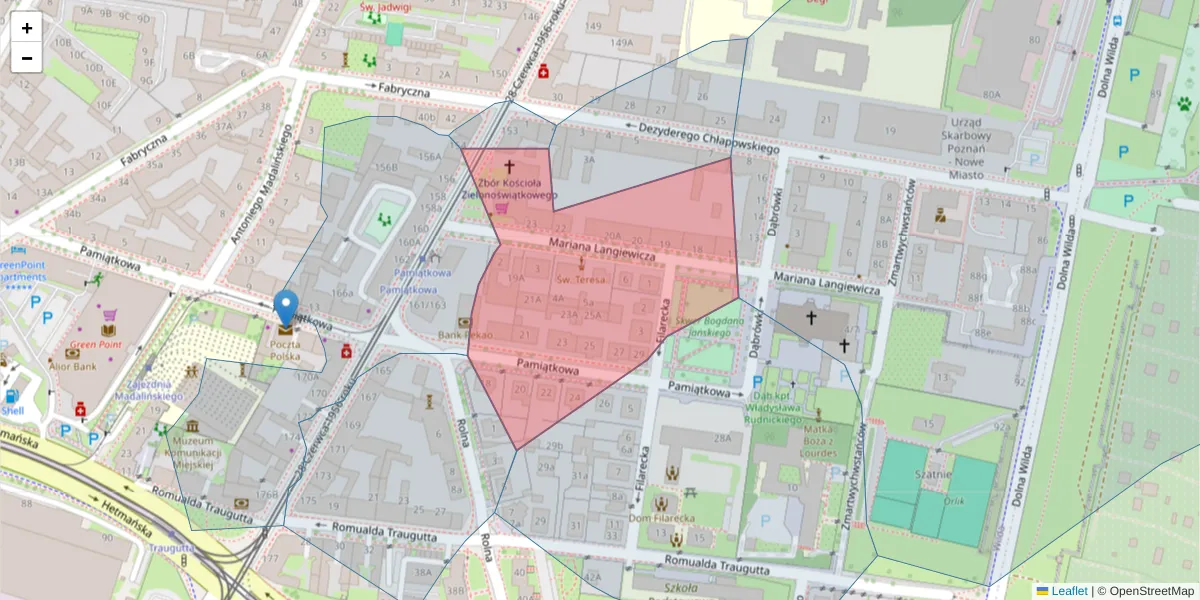 Szczegółowa mapa kodu pocztowego 61-502 z granicami, sąsiednimi kodami pocztowymi i urzędami pocztowymi