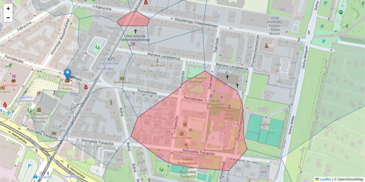 Szczegółowa mapa kodu pocztowego 61-505 z granicami, sąsiednimi kodami pocztowymi i urzędami pocztowymi
