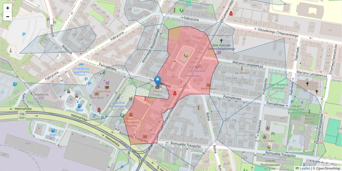 Szczegółowa mapa kodu pocztowego 61-507 z granicami, sąsiednimi kodami pocztowymi i urzędami pocztowymi