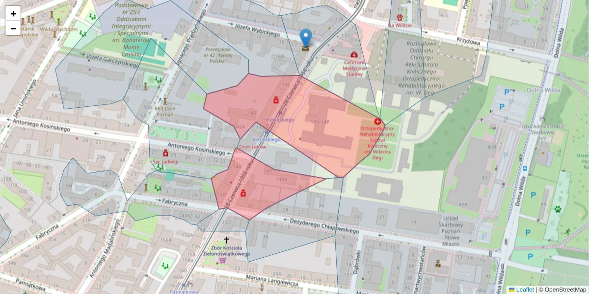Szczegółowa mapa kodu pocztowego 61-525 z granicami, sąsiednimi kodami pocztowymi i urzędami pocztowymi