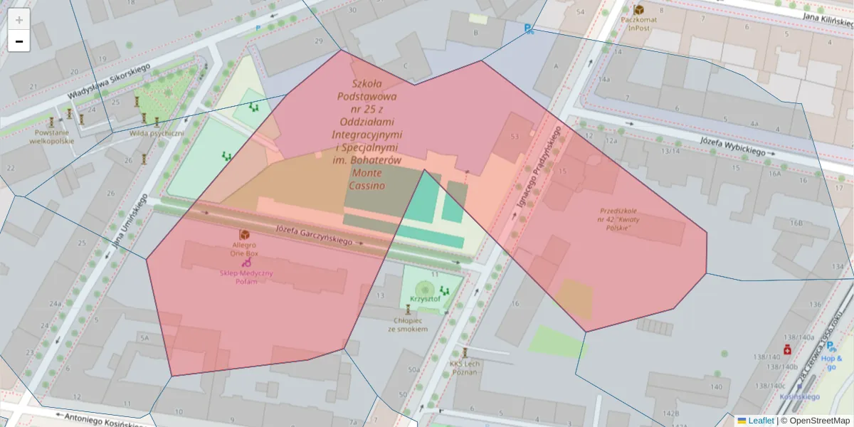 Szczegółowa mapa kodu pocztowego 61-527 z granicami, sąsiednimi kodami pocztowymi i urzędami pocztowymi