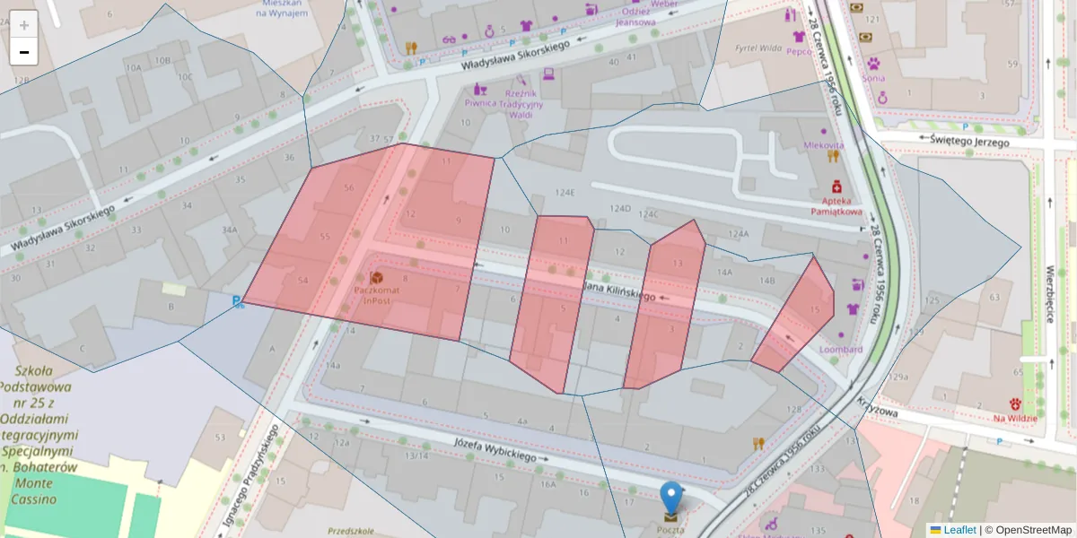 Szczegółowa mapa kodu pocztowego 61-531 z granicami, sąsiednimi kodami pocztowymi i urzędami pocztowymi
