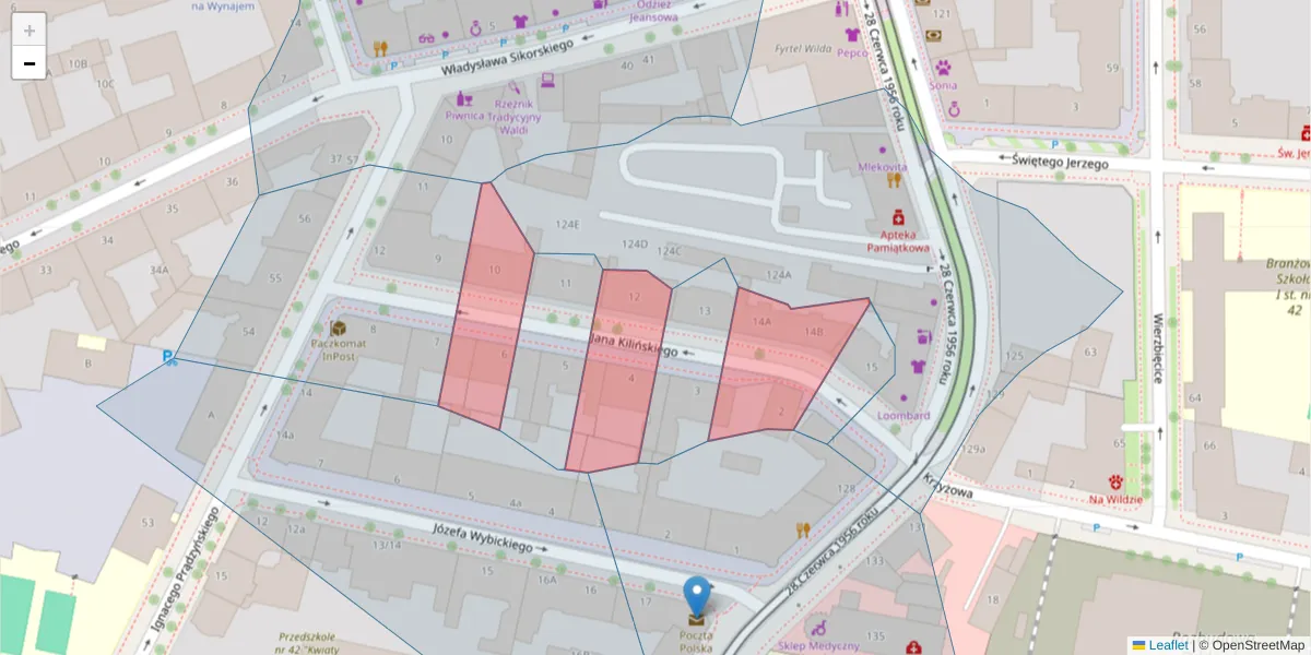 Szczegółowa mapa kodu pocztowego 61-532 z granicami, sąsiednimi kodami pocztowymi i urzędami pocztowymi