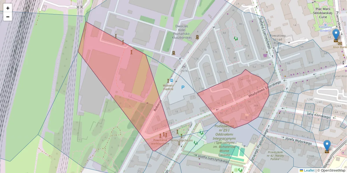 Szczegółowa mapa kodu pocztowego 61-535 z granicami, sąsiednimi kodami pocztowymi i urzędami pocztowymi