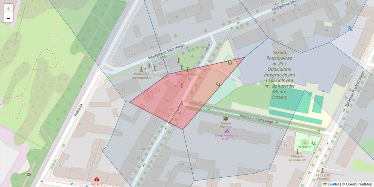 Szczegółowa mapa kodu pocztowego 61-537 z granicami, sąsiednimi kodami pocztowymi i urzędami pocztowymi