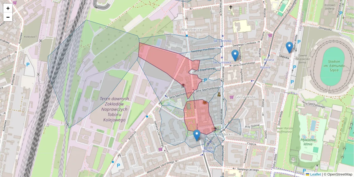 Szczegółowa mapa kodu pocztowego 61-541 z granicami, sąsiednimi kodami pocztowymi i urzędami pocztowymi